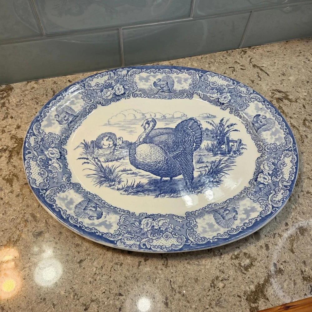 Vintage Blue White Turkey Transferware Oval Serving Platter Thanksgiving Harvest